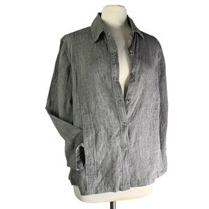 CHICOS Gray 2 Piece Linen Pants & Jacket Set with Snaps & Pockets size 12